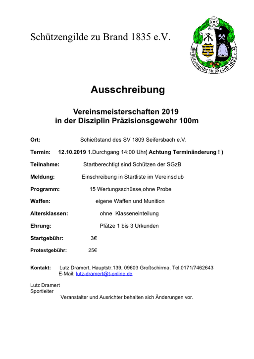 Neuer Termin 2019 Ausschreibung VM Präzigewehr 100m
