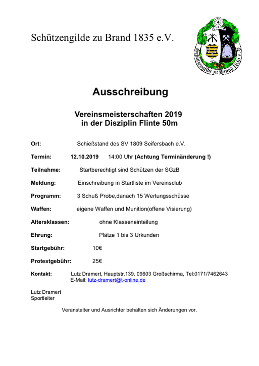 Neuer Termin 2019 Ausschreibung VM Flinte